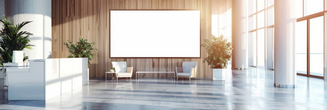 A white wall with a large white board and two potted plants by AI generated image.