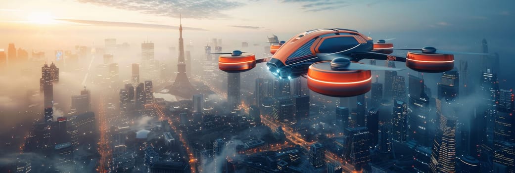 A futuristic city with a red and orange flying robot by AI generated image.