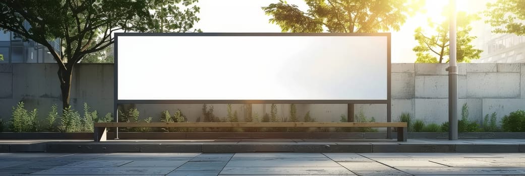 A large white billboard sits on a sidewalk next to a bench by AI generated image.
