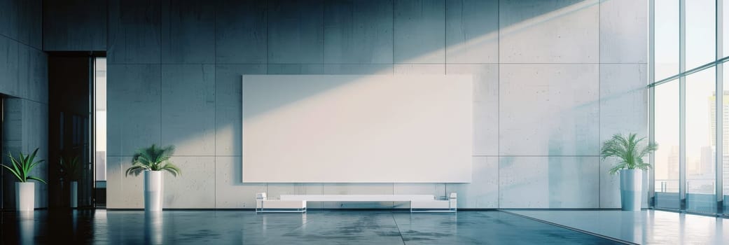 A white wall with a large white board and two potted plants by AI generated image.