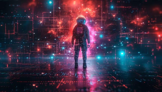 A man in a space suit with a glowing helmet stands in front of a blue background by AI generated image.