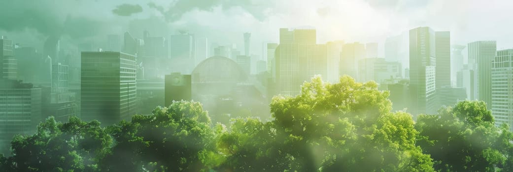 A city skyline with a forest in the background by AI generated image.