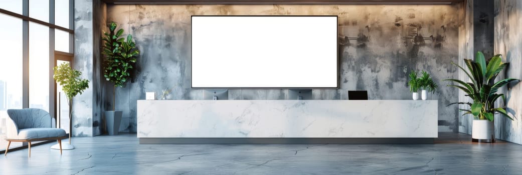 A white wall with a large white board and two potted plants by AI generated image.