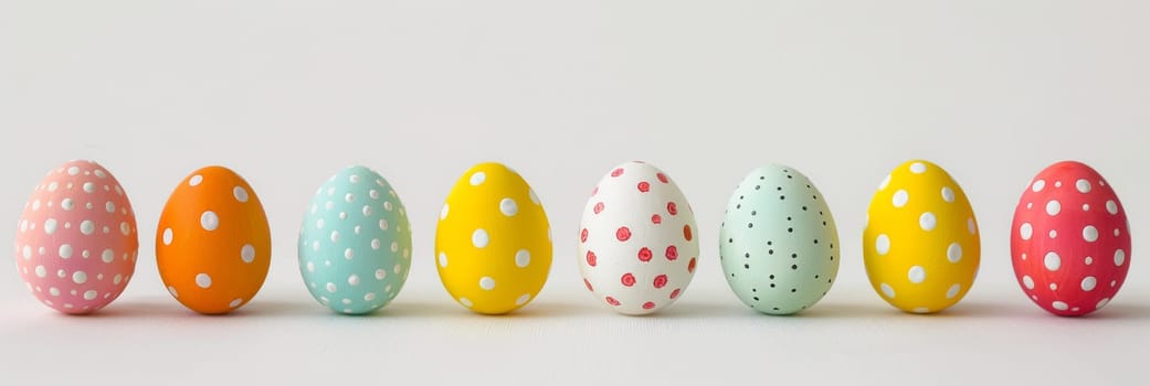 A row of painted eggs with polka dots and stripes by AI generated image.