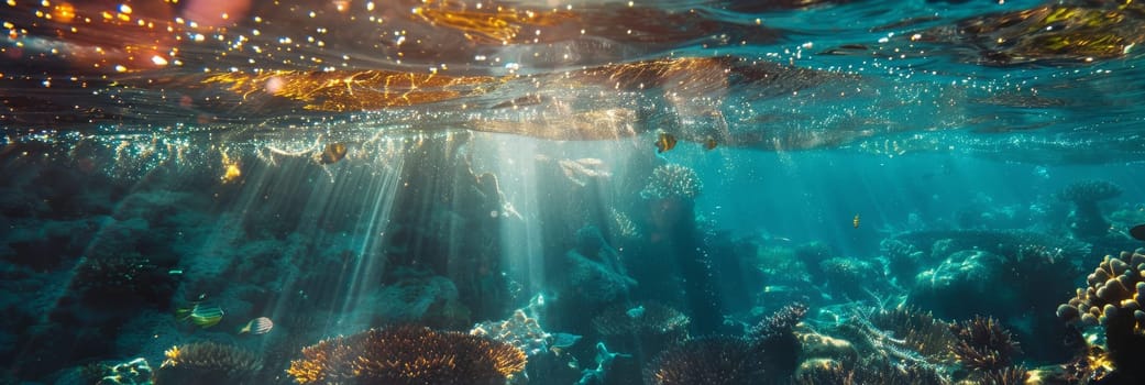 A beautiful underwater scene with sunlight shining on the rocks by AI generated image.