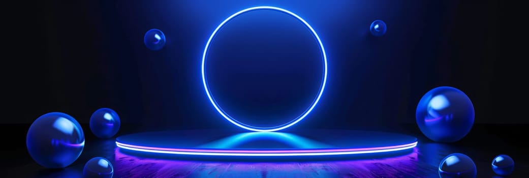 A blue and purple lighted stage with a large circle in the center by AI generated image.