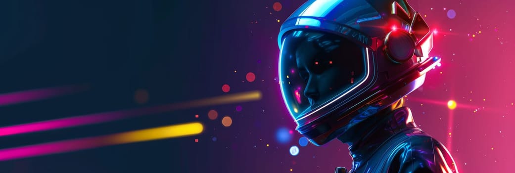 A man in a space suit is standing in front of a colorful background by AI generated image.