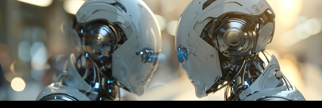 Two robots with blue eyes and silver bodies are facing each other by AI generated image.