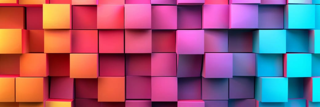 A colorful wall of cubes in various shades of pink, yellow, and blue by AI generated image.