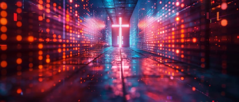 A cross is lit up in a dark room with a blue background by AI generated image.