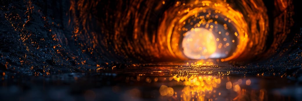 A tunnel with a bright orange light shining through it by AI generated image.