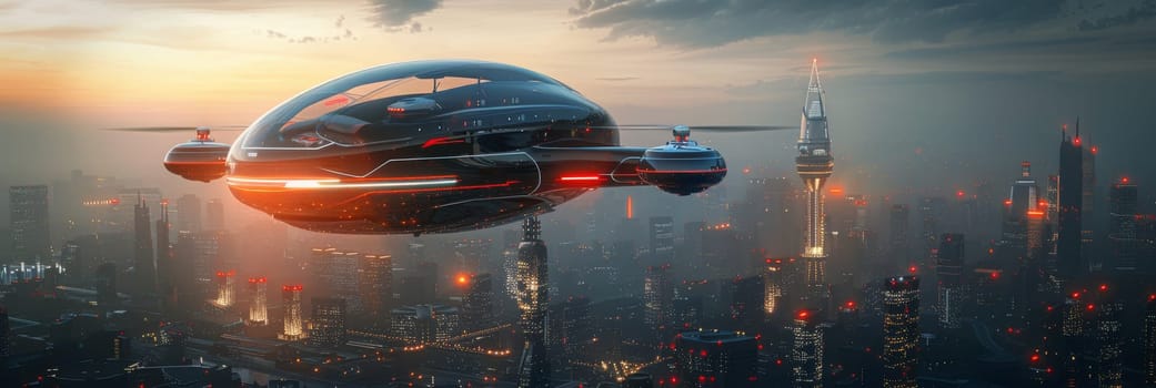 A futuristic city with a red and orange flying robot by AI generated image.