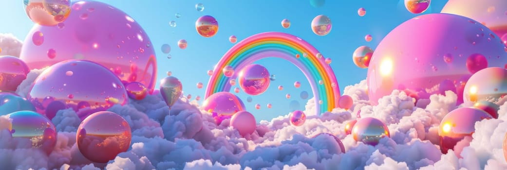 A colorful rainbow archway with balloons and a blue sky background by AI generated image.