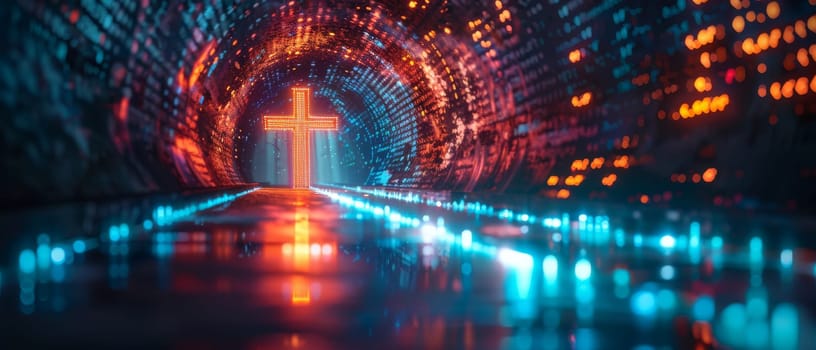 A cross is lit up in a dark room with a blue background by AI generated image.