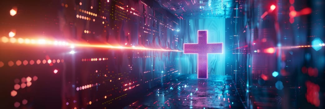 A cross is lit up in a dark room with a blue background by AI generated image.