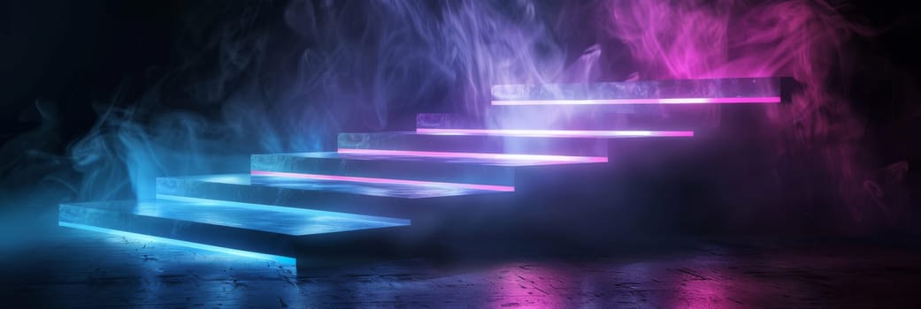 A staircase with purple and blue lights is lit up in the dark by AI generated image.