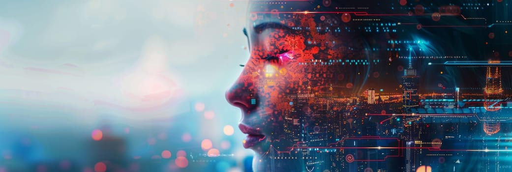 A woman's face is shown in a cityscape with a futuristic look by AI generated image.