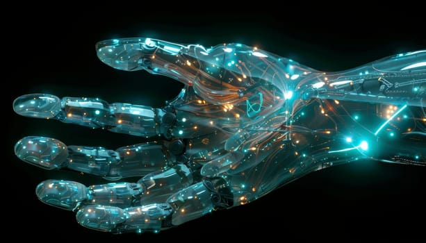 A robotic hand is shown in a black and blue background with a lot of sparks by AI generated image.