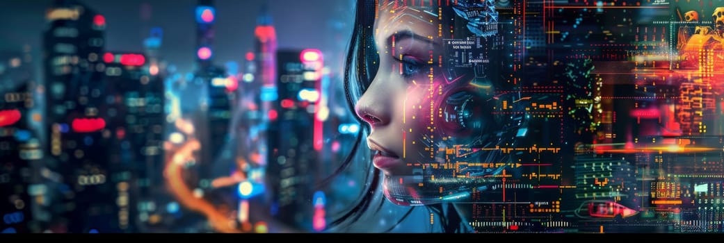 A woman's face is shown in a cityscape with a futuristic look by AI generated image.