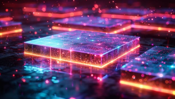 A square of neon lights with a blue background by AI generated image.