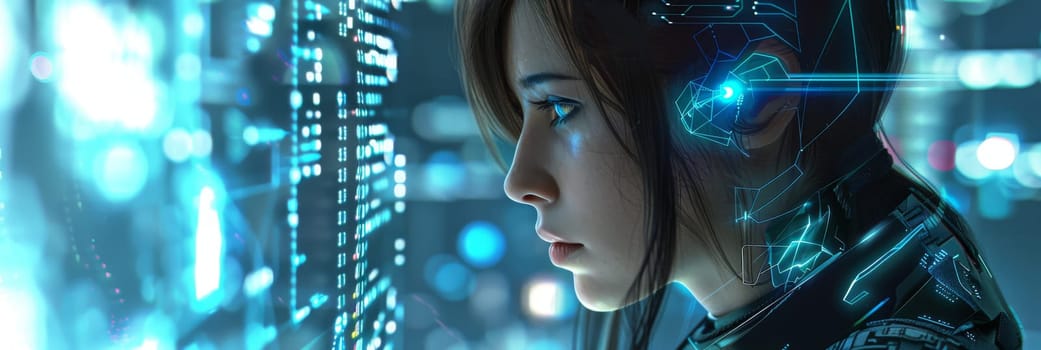 A woman with blue eyes and a blue outfit is looking at a computer screen by AI generated image.