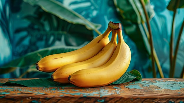Ripe fresh bananas on a wooden surface, tropical background.