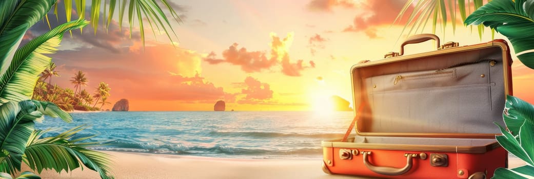 A red suitcase is on a beach with palm trees in the background by AI generated image.