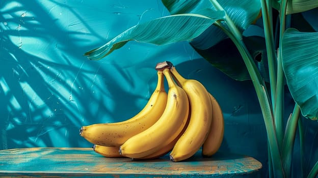 Ripe fresh bananas on a wooden surface, tropical background.