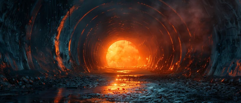 A tunnel with a bright orange light shining through it by AI generated image.