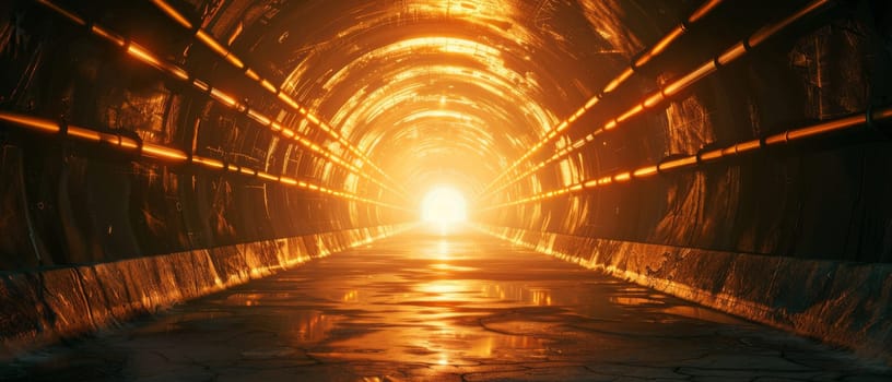 A tunnel with a bright orange light shining through it by AI generated image.