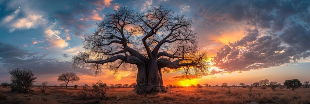 A large tree stands in a field with a beautiful sunset in the background by AI generated image.