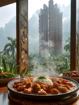 A dish of food sits on a table near a window overlooking a tall building. The ingredients are beautifully displayed, with the sky in the background. Cookware and tableware are neatly arranged