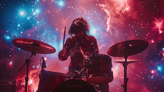 A man playing drums in front of a vibrant, colorful backdrop.