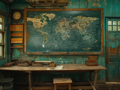 An empty auditorium with an old world map mounted on the wall, showcasing intricate details of historical cartography.