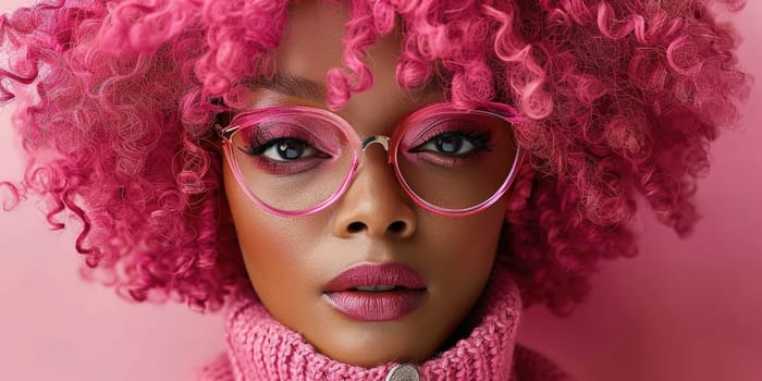 Close-up view of a african american person with vibrant pink hair wearing glasses.