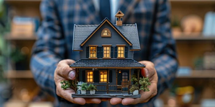 A man holds a model house in his hands, representing the role of a realtor in the real estate industry.