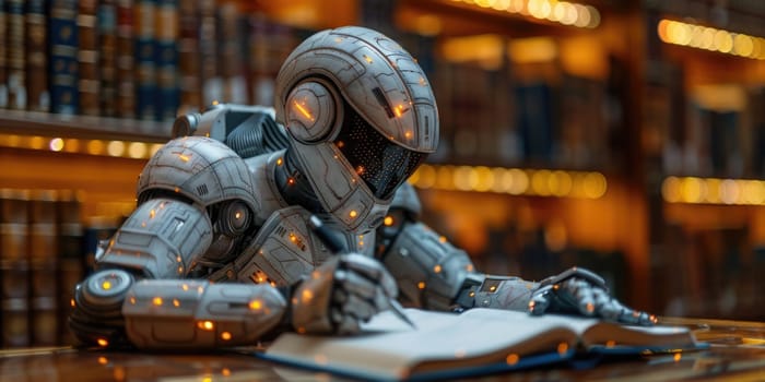 A robot calmly sits on a table beside a book, showcasing a blend of technology and literature.