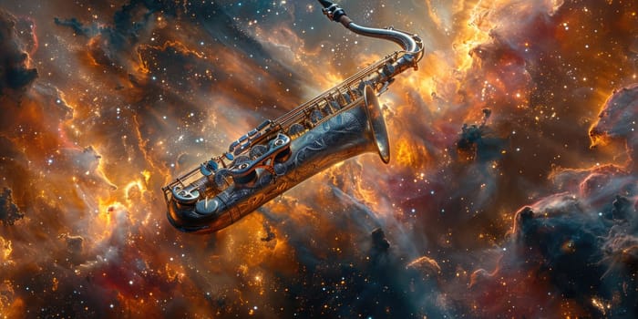 A saxophone placed in the midst of a space filled with stars, creating a unique celestial music scene.