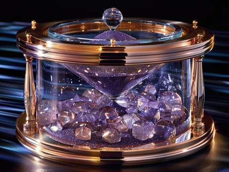 A glass container filled with numerous purple stones, creating a vibrant and textured display.