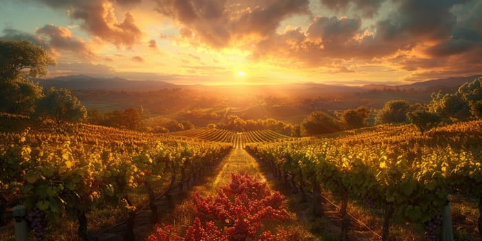 The sun sets over a vineyard, casting a warm glow on the rows of vines and the surrounding landscape.
