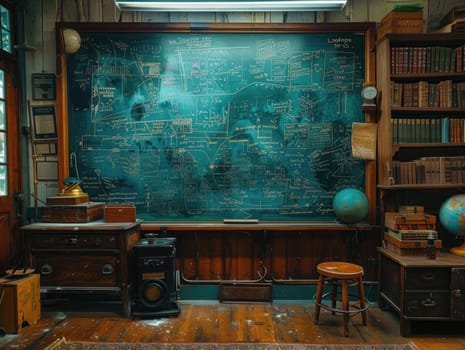 An empty auditorium with a large chalkboard placed in the center, ready for academic presentations or lectures.