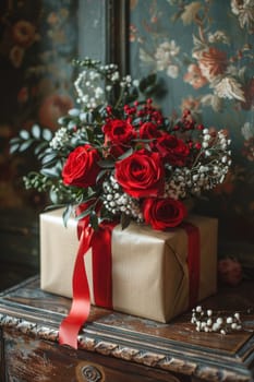 A gift box beautifully decorated with vibrant red roses and delicate babys breath flowers.