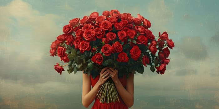 A woman dressed in red holds a bouquet of red roses.