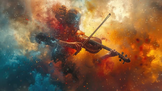 Painting depicting a violin soaring through the sky with no apparent strings attached.