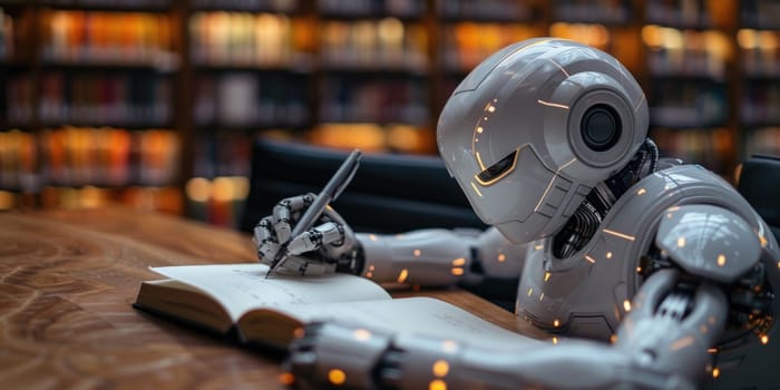 A robot holding a pen and writing on a piece of paper positioned on a desk with books in the background.