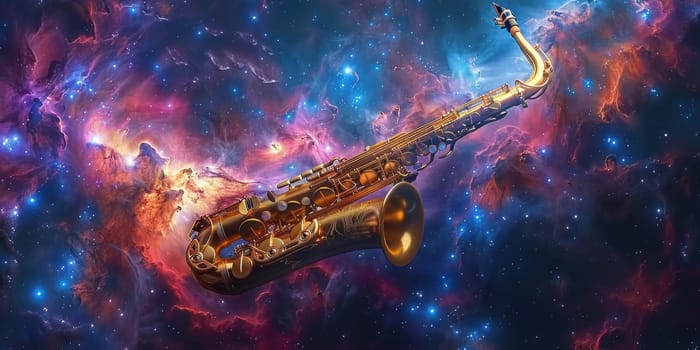 A saxophone placed in a vivid space filled with stars, showcasing its elegant design against a cosmic backdrop.