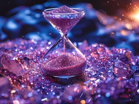 A high-definition photograph featuring an elegant hourglass filled with mesmerizing purple sand, showcasing the passage of time.