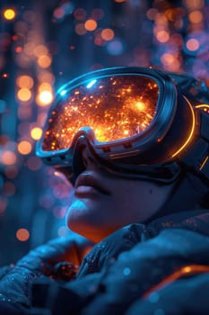 A woman is wearing both virtual reality glasses and ski goggles.