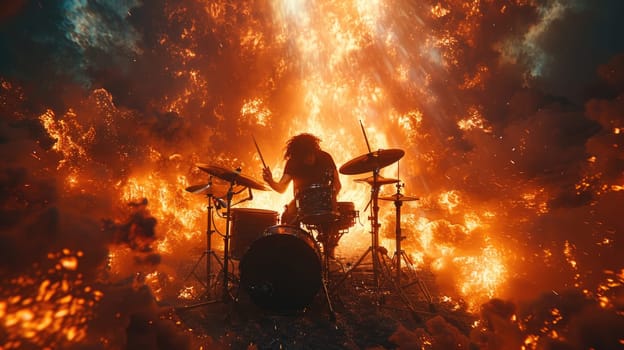 A man energetically playing drums in front of a fiery background.