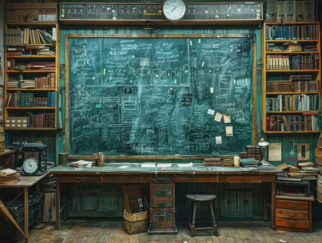 A room with a large chalkboard filled with writing and numerous books stacked on shelves and tables.